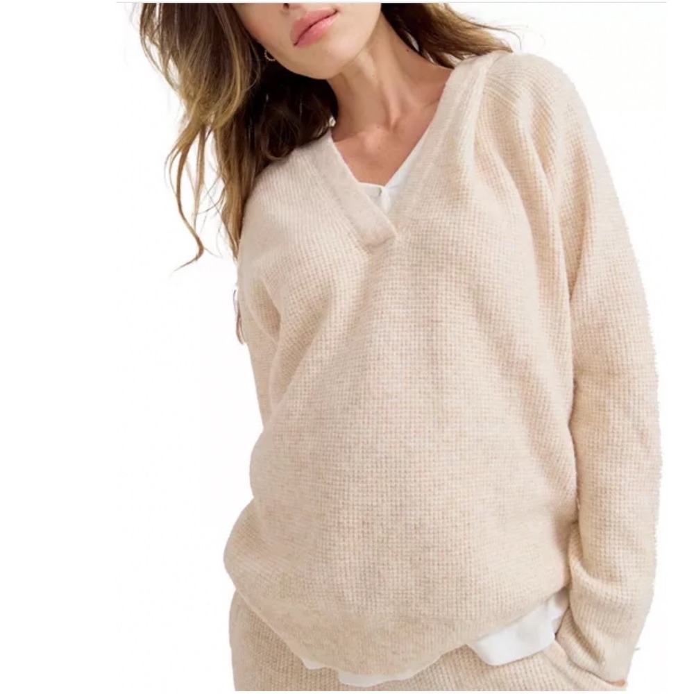 Hatch Maternity Waffle Knit Wool Camel Hair Blend Hoodie Sweater Cream Tan L